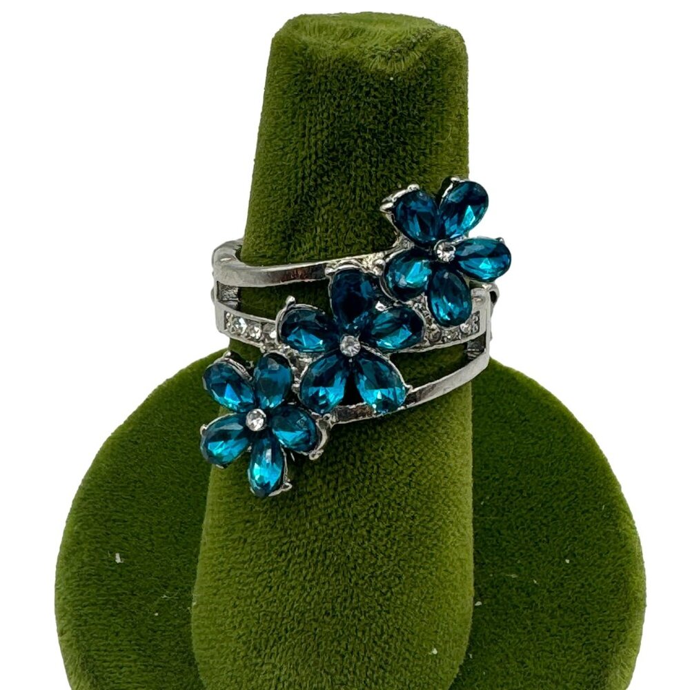 Elegant Silver-Plated Adjustable Ring With Blue Crystal Flower Accents